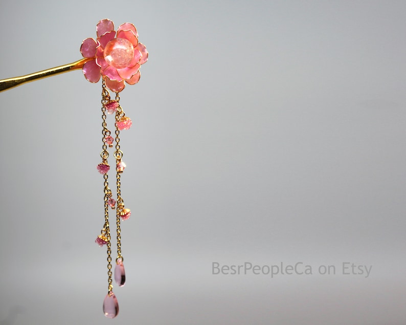 Résine japonaise Tsumami Kanzashi Rose Fleur Cheveux Bâton Or Épingle à cheveux Coiffure Mariage Fil Enveloppé Swarovski Cristaux Cadeau unique pour elle image 2