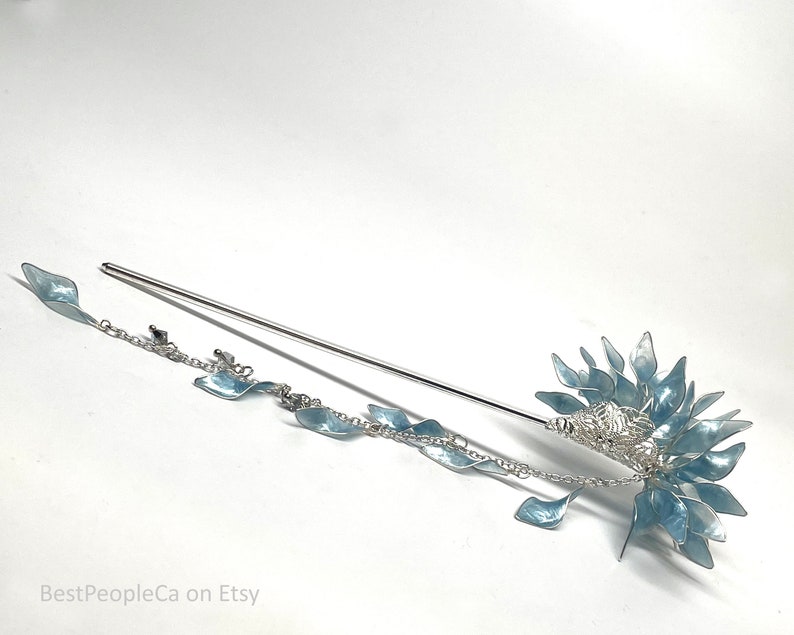 Hairpin Stick Dangle Long Resin Japanese Tsumami Kanzashi Bun Holder Blue Leaves Silver Accents image 4