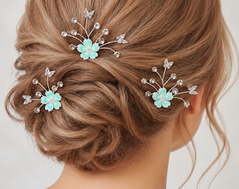 Mint Green Flower Bridal Hair Pins, Crystal Wedding Hair Pins, Butterfly Accessories, Floral Bridal Pieces, Bridesmaid Hair Pins