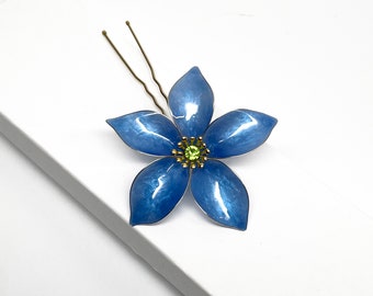 Handmade Hair Pin Dark Blue Large Flower with Swarovski crystal, Accessories, Decoration