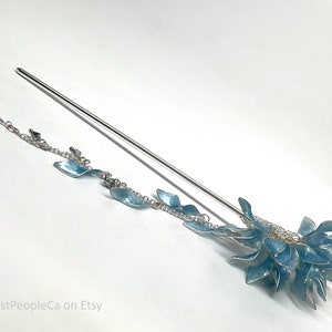 Hairpin Stick Dangle Long Resin Japanese Tsumami Kanzashi Bun Holder Blue Leaves Silver Accents image 3