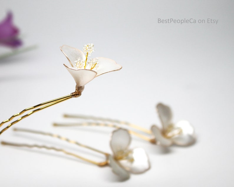Wedding Hair Accessories Handmade Hair Pin Shimmering Pearl White Flower, Bridal Hair Fork Price for 1 pin. image 6