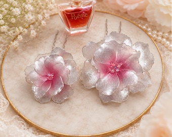 Pink Floral Bridal Hair Pins, Handmade Wedding , Resin Flower , Cherry Blossom, Bride Hair Piece