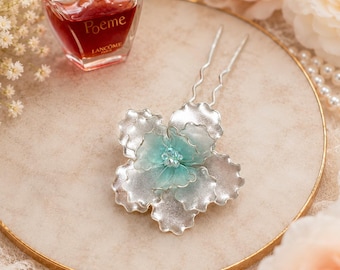 Turquoise  Resin Flower Hair Pin, Handmade Wedding Accessory, Bridal,  Gift for Bride, Floral Hair Piece