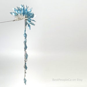 Hairpin Stick Dangle Long Resin Japanese Tsumami Kanzashi Bun Holder Blue Leaves Silver Accents image 1