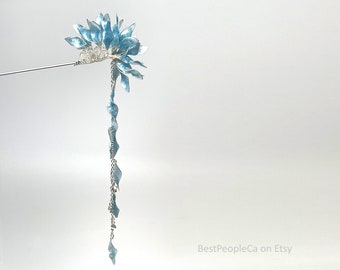 Hairpin Stick Dangle Long Resin Japanese Tsumami Kanzashi Bun Holder Blue Leaves Silver Accents