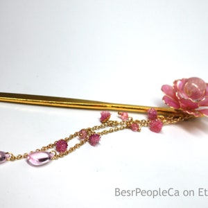 Résine japonaise Tsumami Kanzashi Rose Fleur Cheveux Bâton Or Épingle à cheveux Coiffure Mariage Fil Enveloppé Swarovski Cristaux Cadeau unique pour elle image 3