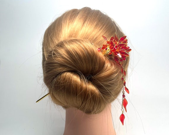 Red Flower Kanzashi Hair Stick: Japanese Tsumami Bun Holder - Etsy