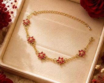 Red Flower Bracelet, Handmade Floral, Gold Chain, Romantic Gift for Her, Elegant Flower Jewelry, Adjustable Bracelet, Chinese Wedding.