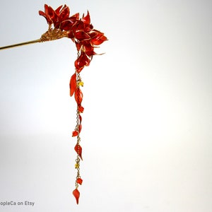 Hairpin Stick Dangle Long Resin Japanese Tsumami Kanzashi Bun Holder Red Transparent Flowers Gold accents