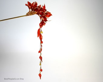 Hairpin Stick Dangle Long Resin Japanese Tsumami Kanzashi Bun Holder Red Transparent Flowers Gold accents