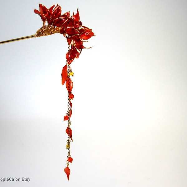 HaarnadelStab Lange Resin Japanische Tsumami Kanzashi Bun Holder Rot Transparent Blumen Gold Akzente