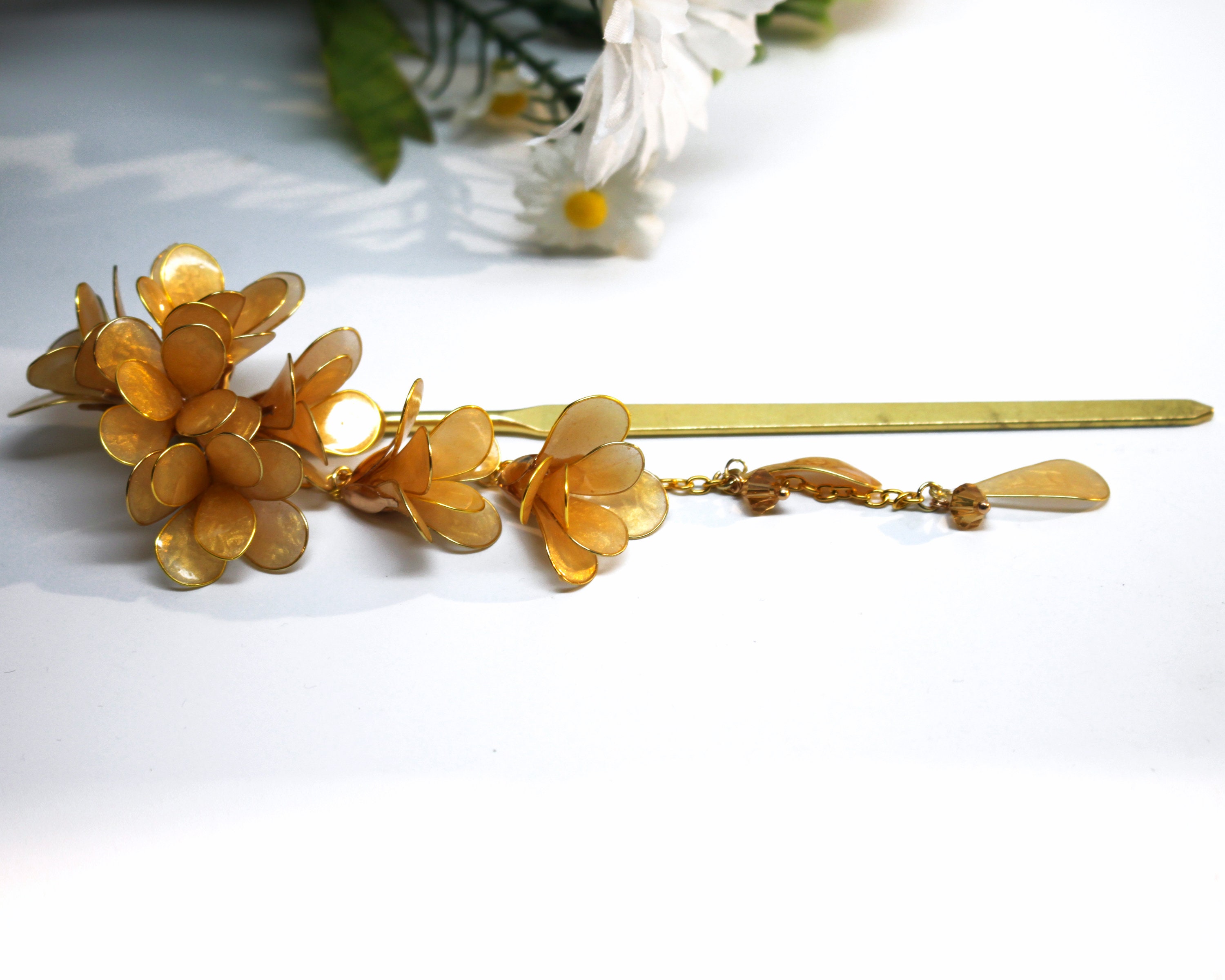Vtg Two Japanese Kanzashi Hair Stick Floral Hand Made Hand Painted Gold Powder Vintage Japanese Kanzashi Hair Pin - Etsy main image 2