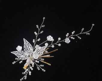 Handmade Hair Clip Thin Hairs Bridal Leaves White Pearl jewelry Wedding Accessories Engagement Romantic Best Gift Her Love gift Headdress