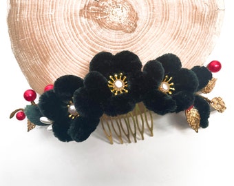 Hair Comb Dark Green Puffy Silk flowers Ronghua Hair Ornaments Chinese traditional handicrafts Intangible Cultural Heritage Gift for her