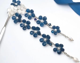 Forget-Me-Not Hair Stick: Navy Blue Resin Flower Kanzashi, Pearl & Crystal Hairpin