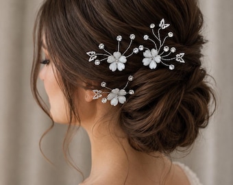 Set of 3 Bridal Hair Pins, White Flower Wedding Hair Pins, Crystal Butterfly Hair Accessories, Silver Bridal Hair Pins