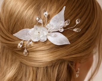 Frosted White Floral Bridal Hair Comb, Translucent Flower Crystal Wedding Accessory