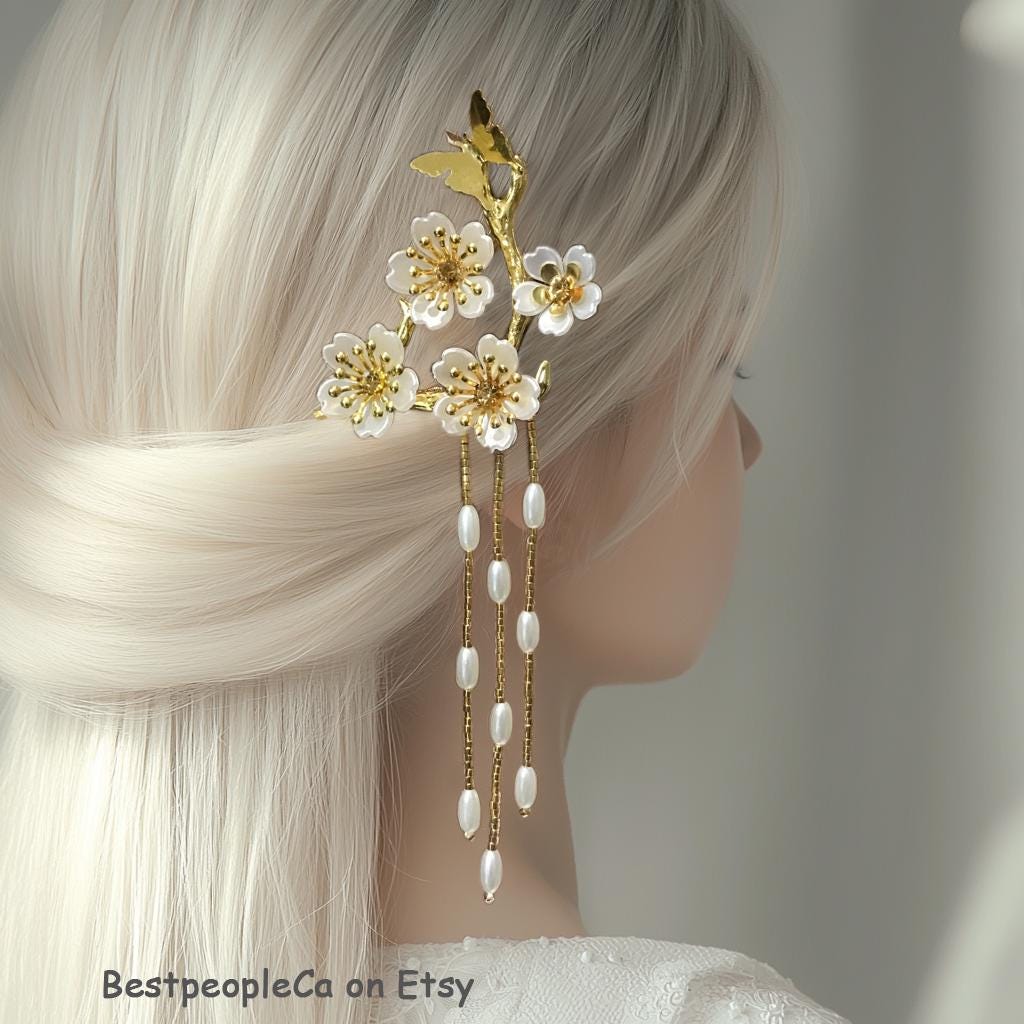 Apple Pearl Japanese Tsumami Kanzashi Hair Stick Silver Tone