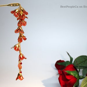 Red Hairpin Gold Accents Hair Stick Dangle Resin Japanese Kanzashi Chinese Wedding Wire Wrapped Flowers