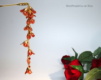 Red Hairpin Gold Accents Hair Stick Dangle Resin Japanese Kanzashi Chinese Wedding Wire Wrapped Flowers