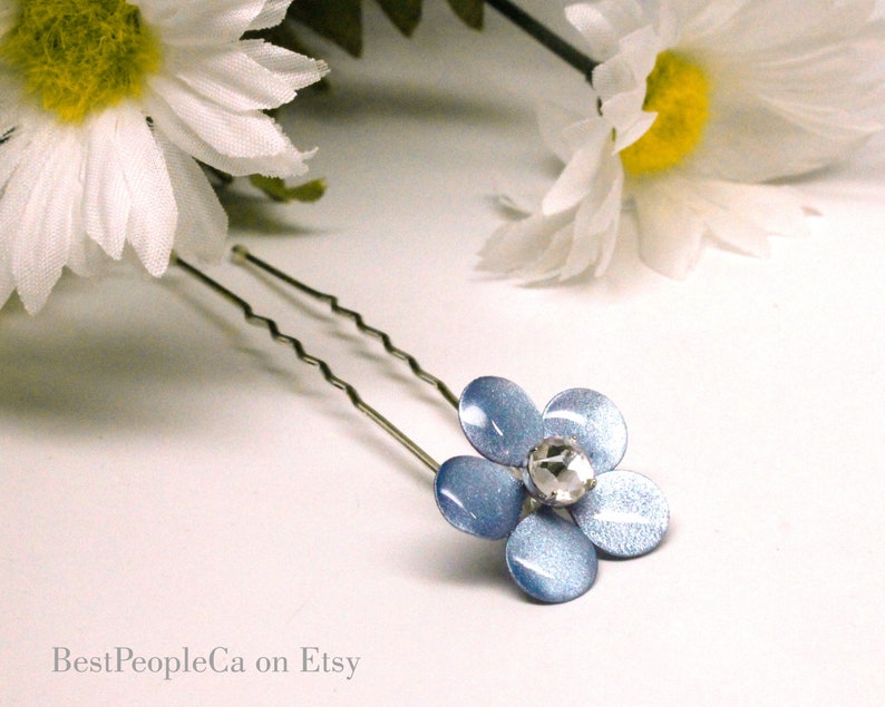 Handmade Blue Hair Pin Something from Bride Wars, Bridal pale blue flower with clear crystal, price is for one pin. image 2
