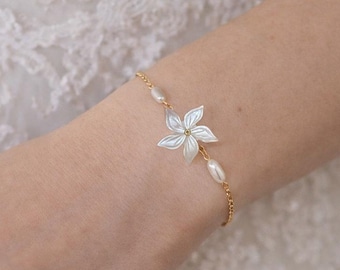 Set Earrings and Bracelet Mother-of-Pearl Sampaguita Bridal Jewelry, Floral Pearl Drop