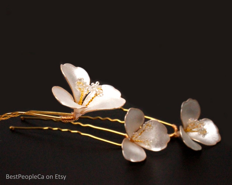 Wedding Hair Accessories Handmade Hair Pin Shimmering Pearl White Flower, Bridal Hair Fork Price for 1 pin. image 1