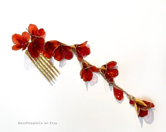 Kanzashi Haarkamm Rot Blumen Gold Akzente Haarstab Baumeln Resin Japanische Chinesische Hochzeit Geschenk für Sie