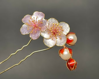 Apple Blossom Hair Pin Stick Japanese Kanzashi Resin Wedding Accessories OOAK Wedding Christmas Gift for Her Unique