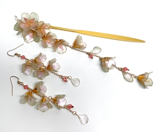 Set Earrings and Hair Pin Stick Dangle Resin Japanese Kanzashi Bun Holder Wire Wrapped White-Pink Iridescent Translucent Flowers Gold accent