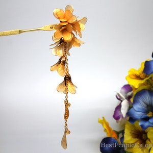 Hairpin Gold Sunny Flowers Hair Stick Dangle Resin Japanese Tsumami Kanzashi Gold Accents Wire Wrapped Japanese Style Christmas gift