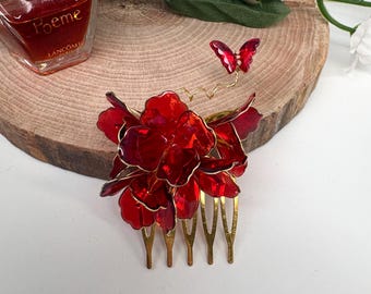 Red Flower Hair Comb with Butterfly – Handmade Floral Bridal Accessory