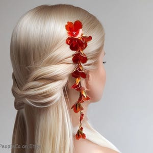 Kanzashi Hair Comb Red Flowers Gold Accents Hair Stick Dangle Resin Japanese Chinese Wedding Gift for Her