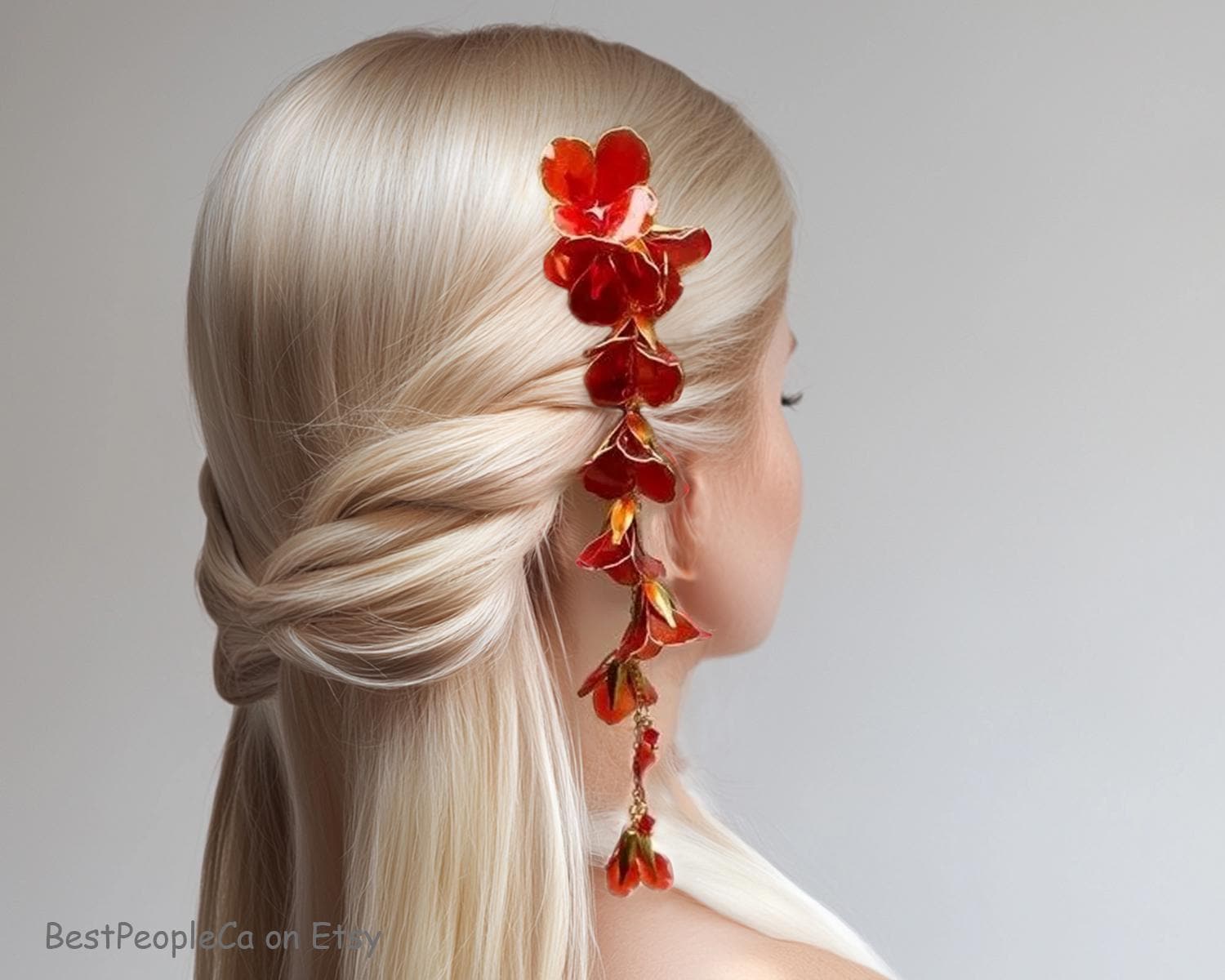 Camelia flower hair wire wrap. Handmade. Red Camellia Flower Hair Claw main image 2
