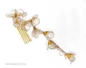 Kanzashi Hair Comb Pearl Flowers Gold Accents Hair Stick Dangle Resin Japanese Chinese Wedding Gift for Her
