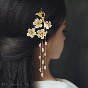 Apple Pearl Japanese Tsumami Kanzashi Hair Stick Silver Tone Hairpin Hairpiece Wedding Flowers  Crystals