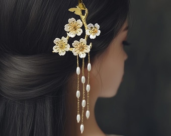 Apple Pearl Japanese Tsumami Kanzashi Hair Stick Silver Tone Hairpin Hairpiece Wedding Flowers  Crystals