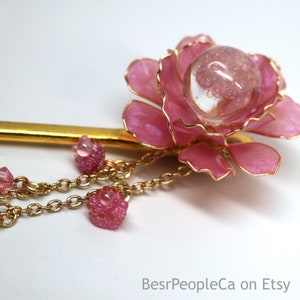 Résine japonaise Tsumami Kanzashi Rose Fleur Cheveux Bâton Or Épingle à cheveux Coiffure Mariage Fil Enveloppé Swarovski Cristaux Cadeau unique pour elle image 1