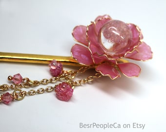 Resin Japanese Tsumami Kanzashi Pink Flower Hair Stick Gold Hairpin Hairpiece Wedding Wire Wrapped Swarovski Crystals Unique gift for her