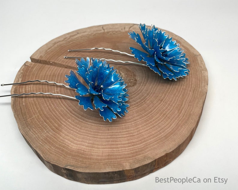 Blue Cornflower Handmade Hairpin: Rustic Chic Floral Accessory, country wedding, something blue, unique gift for her, price for one hairpin image 3