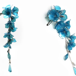 Haarclip met hangende bloemen Bluebells: met zilverdraad omwikkelde kanzashi