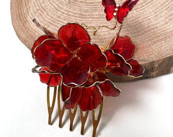 Pettine per capelli con fiore rosso e farfalla – Accessorio per capelli da sposa cinese, floreale fatto a mano, pezzo da sposa, elegante