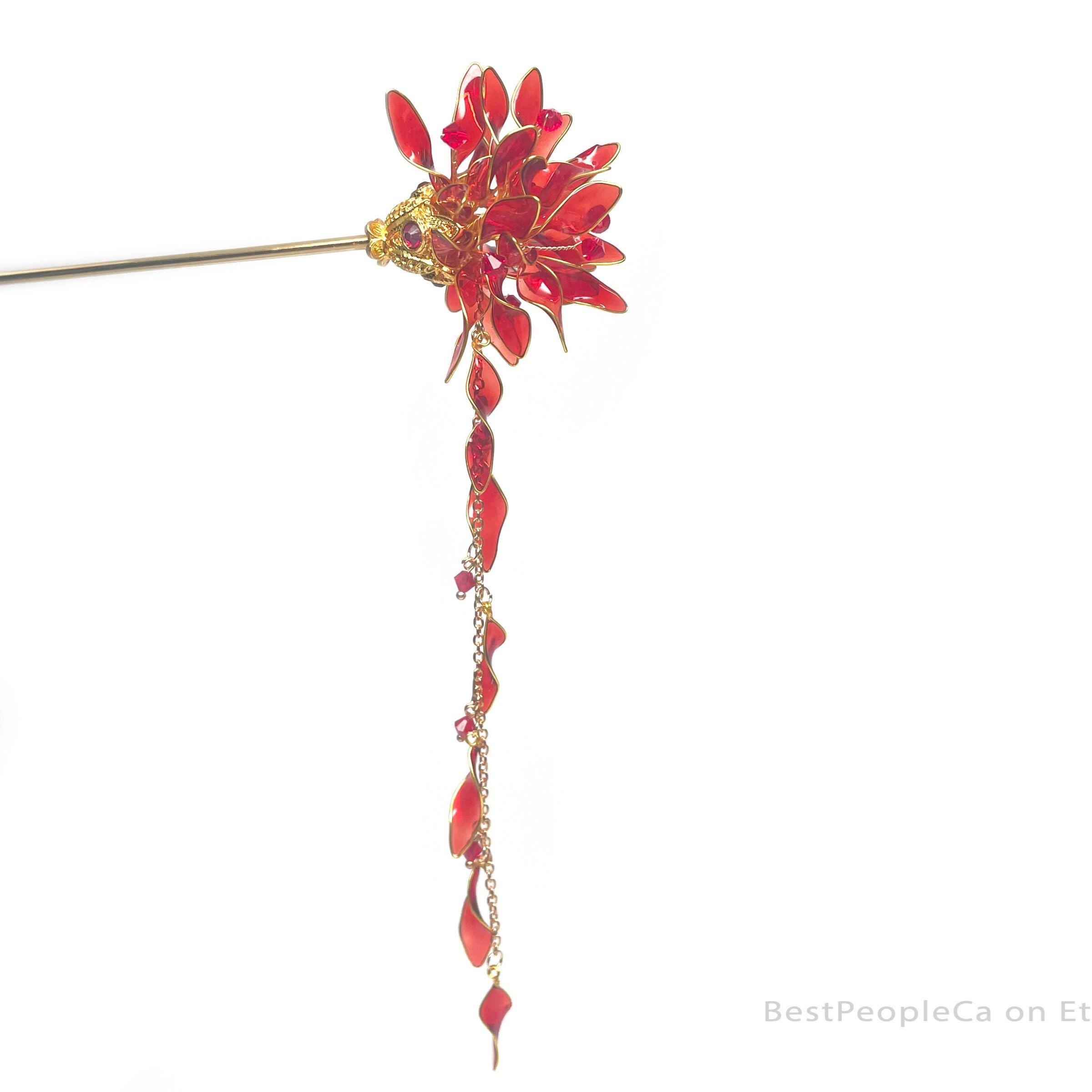 Red Flower Kanzashi Hair Stick: Japanese Tsumami Bun Holder - Etsy