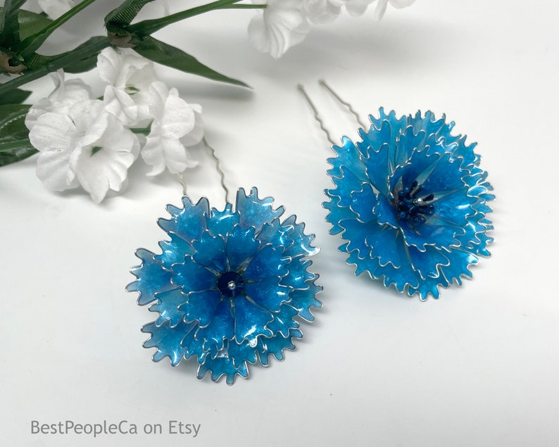 Blue Cornflower Handmade Hairpin: Rustic Chic Floral Accessory, country wedding, something blue, unique gift for her, price for one hairpin image 1