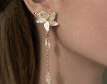 Handmade Sampaguita Flower Drop Earrings, Gold Bridal Jewelry
