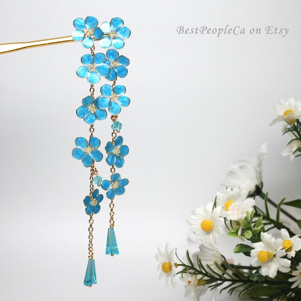 Forget-me-not Resin Japanese Tsumami Kanzashi Hair Stick Gold Tone Hairpin Hairpiece Wedding Wire Wrapped Flowers Swarovski Crystals