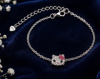 Cat with Pink Bow Bracelet, Handmade, Silver Chain,  Adjustable Bracelet, Cute Bracelet, Gift for Little Girl, Birthday Gift for Kids