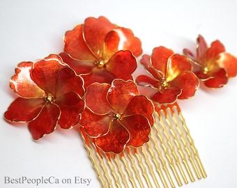 Hair comb Red Flowers Handmade Gold accents Semi Transparent Iridescent Pin Resin Wedding Accessories OOAK Wire wrapped
