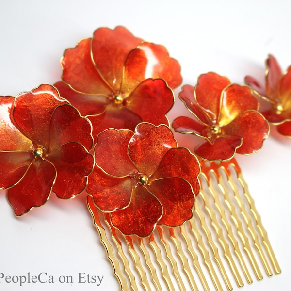 Hair comb Red Flowers Handmade Gold accents Semi Transparent Iridescent Pin Resin Wedding Accessories OOAK Wire wrapped